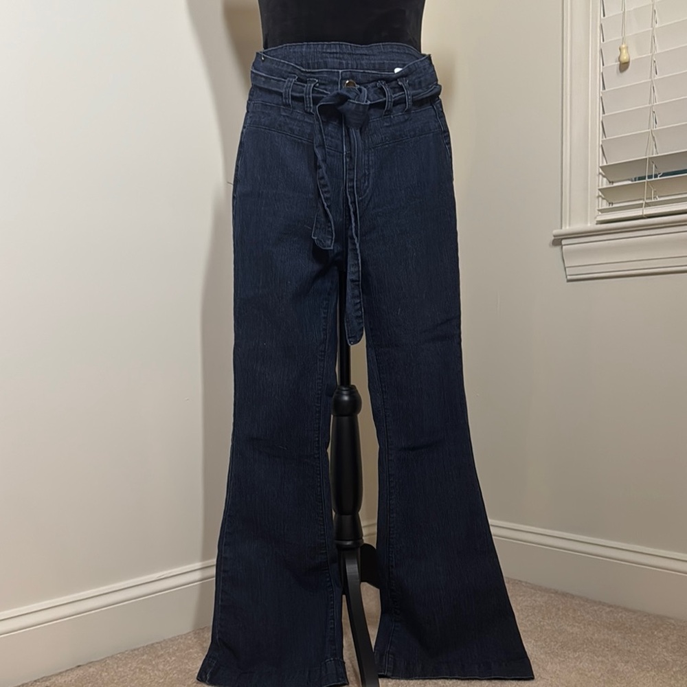 Blue Flare Wide Leg Jeans with Paper-Bag Waist
